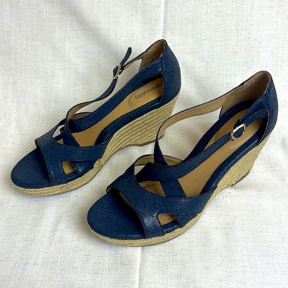 Sole Sensibility Navy Comfort Straw Wedge Sandals SIZE 10 USED - Picture 2 of 6